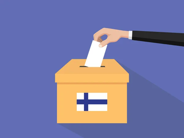 Finland election vote concept illustration with people voter hand gives votes insert to boxes election with long shadow flat style — Vector de stock