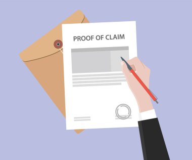 imzalama bir adamın illüstrasyon kırmızı kalem kullanarak klasör belge ve mor arka plan ile talep mektubu kanıtı damgalı