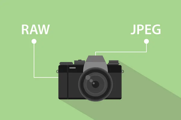 Comparando o arquivo de formato da câmera entre o formato RAW e a ilustração do formato JPEG com o ícone da câmera e o fundo verde — Vetor de Stock