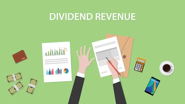 Dividend revenue illustration with a man signing paperworks and folder document, money and calculator on top of table — Stock Vector