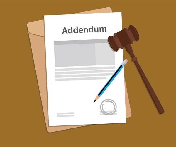 Addendum timbrato illustrazione lettera con martello giudice e documento cartella con sfondo marrone — Vettoriale Stock