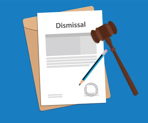 Texto de demissão em papelada carimbada ilustração com juiz martelo e pasta documento com fundo azul —  Vetores de Stock
