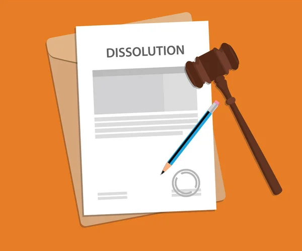 Upplösning text på stämplat papper illustration med domare hammare och mappen dokument med orange bakgrund — Stock vektor