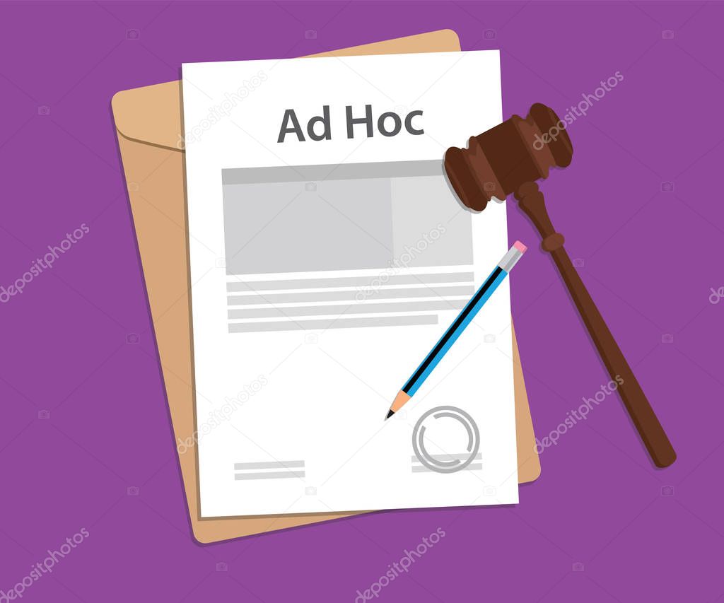 Ad hoc text on stamped paperwork illustration with judge hammer and folder document with purple background