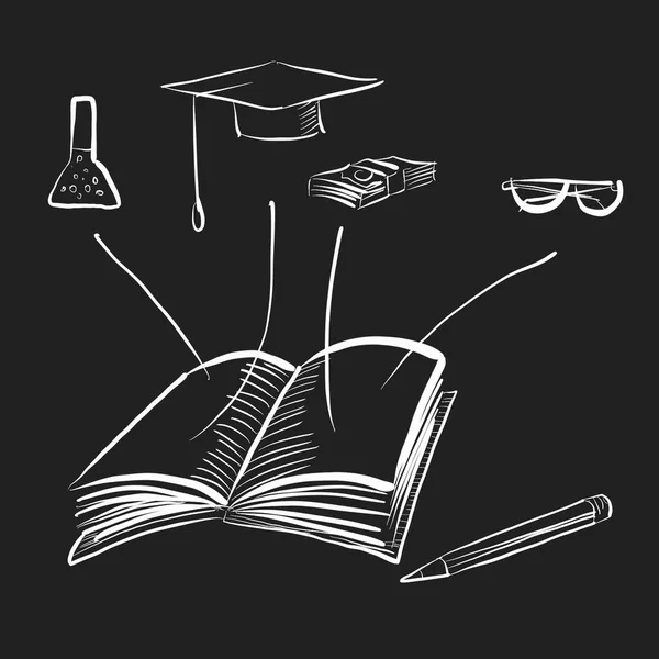 Illustrasjon av lærebok med åpen bok, toga-hatt og blyant – stockfoto