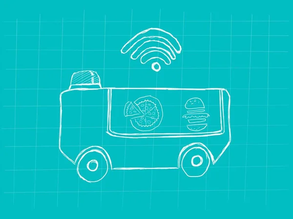 Technologie Roboter Food Delivery Konzept Illustration mit einem Food Truck und Signalleiste Symbol — Stockfoto