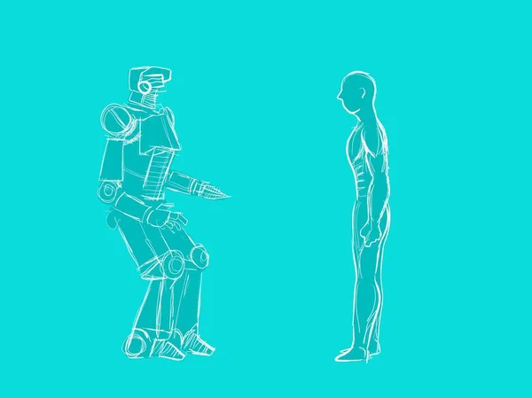 Иллюстрация "человек vs робот" с человеком, стоящим перед роботом — стоковое фото