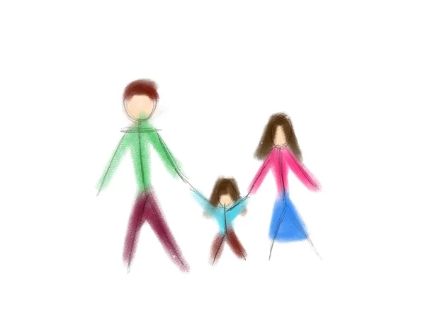 Дети рисуют семью с пастелью держатся за руки — стоковое фото