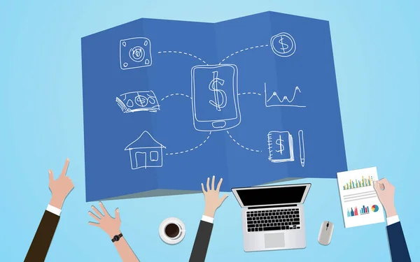 Finanças aplicativos ilustração conceito com o trabalho em equipe sobre isso no planejamento — Vetor de Stock