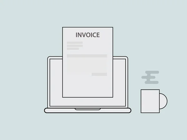 Concepto de factura ilustración con portátil un vaso de café y documento de facturación con estilo de línea vectorial — Vector de stock