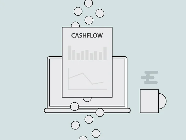 Flujo de caja concepto ilustración con portátil un vaso de café y papel gráfico gráfico documento finanzas y oro moneda flujo de dinero con estilo de línea vectorial — Vector de stock