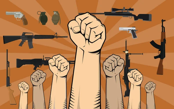 Gun control illusztráció a kezét, és sok különböző fegyver vagy fegyver mint háttér elleni küzdelem — Stock Vector