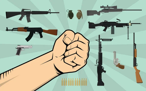 Gun control illusztráció a kezét, és sok különböző fegyver vagy fegyver mint háttér elleni küzdelem — Stock Vector