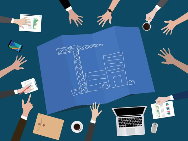 Управлять развитием компании или строить концептуальную иллюстрацию стартап-компании с командой, работающей вместе на верхней части стола — стоковый вектор