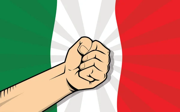 Italien Europa Land Kampfsymbol mit starker Hand und Flagge als Hintergrund — Stockvektor