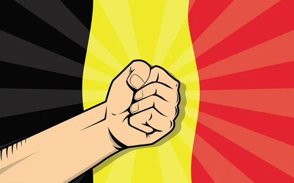 Belgium europe país lucha símbolo de protesta con mano fuerte y bandera como fondo — Vector de stock