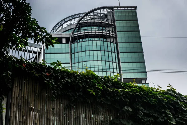 Здание с великолепным дизайнерским видом из-за бамбукового забора с виноградной лозой фото, сделанное в Джакарте Индонезия — стоковое фото