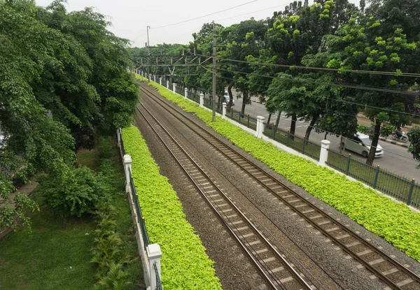 Eisenbahn umgeben von Büschen am Straßenrand Foto aufgenommen in Jakarta Indonesien — Stockfoto