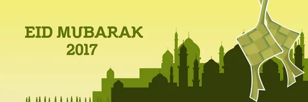 Eid mubarak ilustração com mesquita e tema de cor verde e ketupat — Vetor de Stock