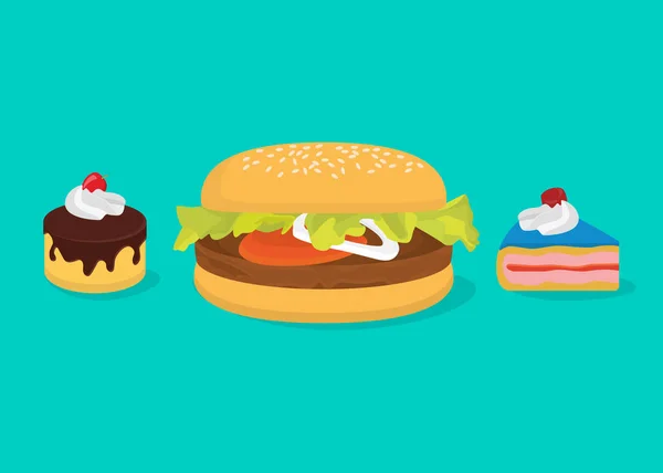 Concept de grandes calories avec hamburger et gâteaux — Image vectorielle