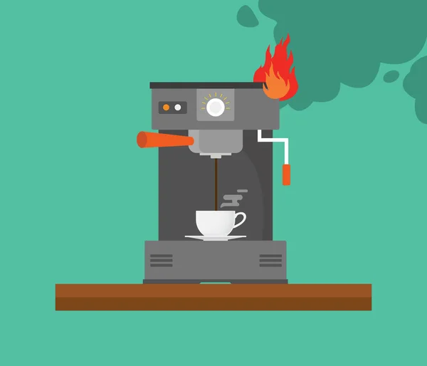 Máquina de café quebrado com fumaça e fogo — Vetor de Stock