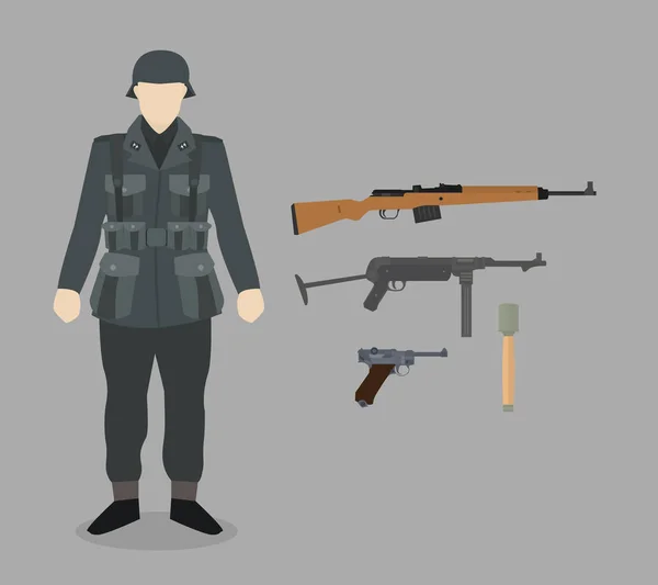 Německé ww2 vojáka pěchoty s standar gewehr mp-40 luger pistole a akcií granát — Stockový vektor