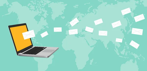 Konsep ilustrasi newsletter dengan laptop notebook dan surat terbang yang tersebar di seluruh dunia dengan peta sebagai latar belakang - Stok Vektor
