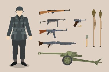 bir Alman ww2 asker silah donanımları ile bazuka makineli tabanca top vektör grafik illüstrasyon
