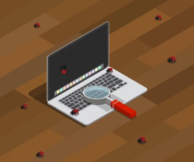 Bilgisayar laptop ve Büyüteç ile programlama üzerinde hata bulma
