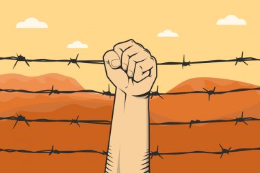 işareti el yumruk ve dikenli tel ile arka plan ve dağ çöl protesto