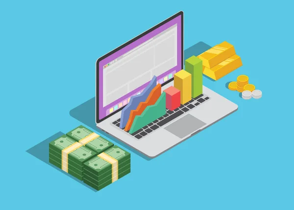 Tecnología de negocios en línea con ordenador portátil y gráfico y dinero en efectivo — Vector de stock