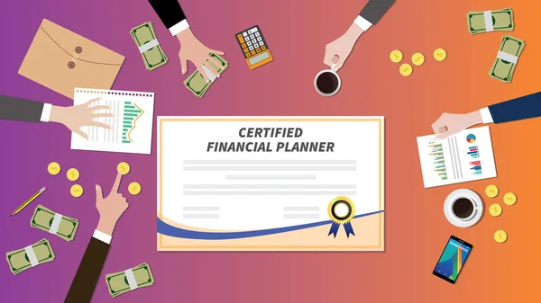 Papel de certificación de planificador financiero certificado con trabajo en equipo en la parte superior de la mesa — Vector de stock