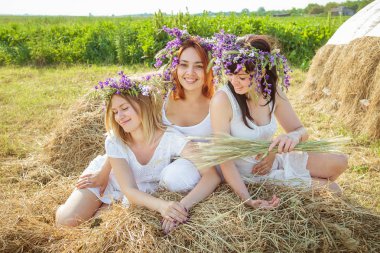 Üç genç güzel kız beyaz elbiseler ve kır çiçekleri haystack oturan çelenk. Yaz Köyü