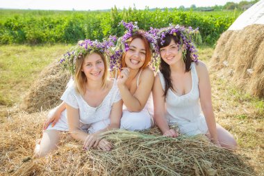 Üç genç güzel kız beyaz elbiseler ve kır çiçekleri haystack oturan çelenk. Yaz Köyü