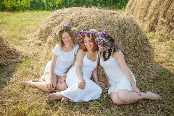 Üç genç güzel kız beyaz elbiseler ve kır çiçekleri haystack oturan çelenk. Yaz Köyü