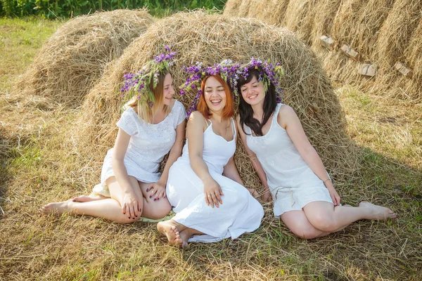 Üç genç güzel kız beyaz elbiseler ve kır çiçekleri haystack oturan çelenk. Yaz Köyü