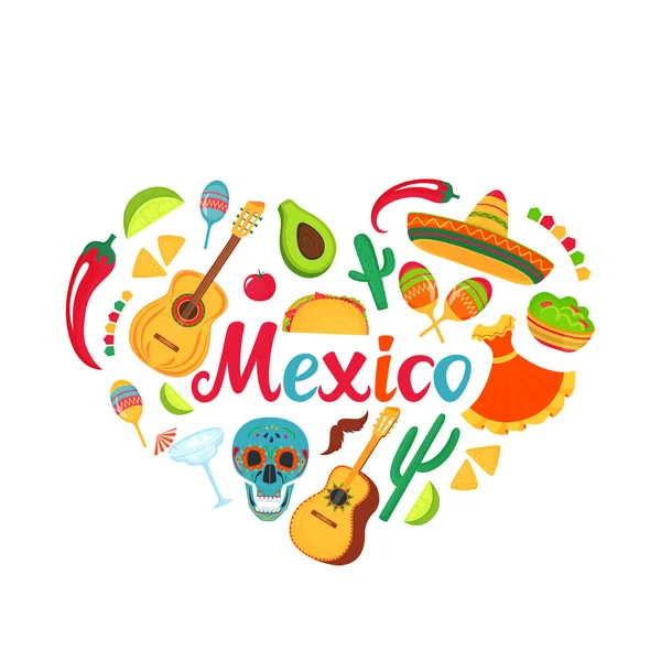 メキシコのバナー。ソムブレロ、ギター、砂糖の頭蓋骨、サボテン、グアカモーレ、タコス。メキシコの国民のお祝いの装飾. — ストックベクタ