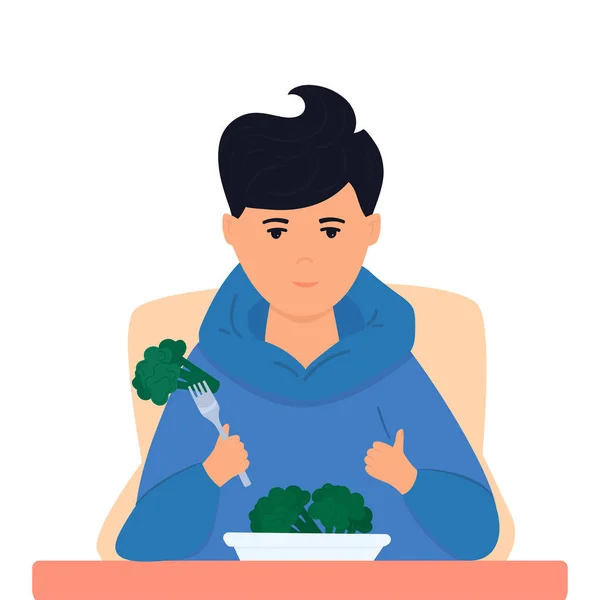 健康食品の概念 10代の少年は喜びでブロッコリーを食べる ベジタリアン男ホールドブロッコリー上のフォーク — ストックベクタ