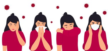 COVID-19. Coronavirus prevention and symptoms. Headache. The girl puts on a protective mask, sneezes on the elbow, in a napkin.