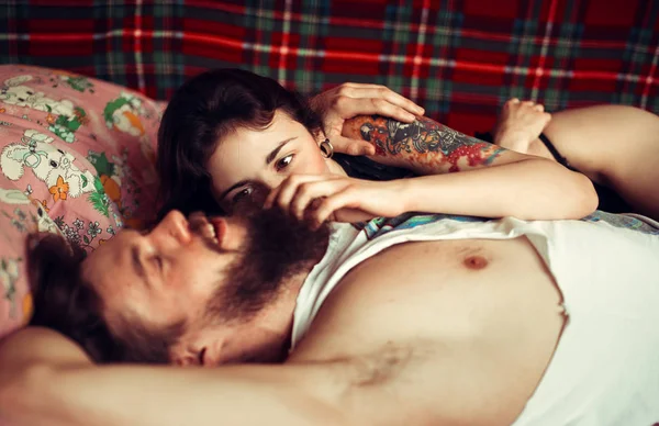 Loving Couple Lying Bed Together Handsome Young Hipster Beard Attractive — Stock Photo, Image