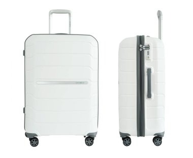 Belarus, Brest - 23 Temmuz 2019: Samsonite marka amblemi bir bavul / kabuk üzerine kapatın. Bu popüler bir bagaj markası. Beyaz arka planda izole edilmiş beyaz bir bavul.. 