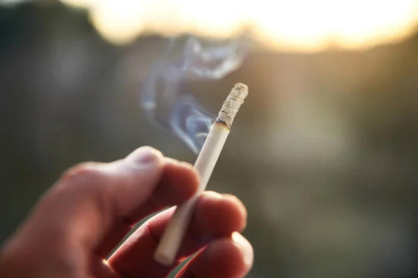 手にタバコを持っている男の手は 所有者が夕方の太陽の下で自然の中でどこかで喫煙します 手にタバコ タバコの煙が手に火傷 — ストック写真