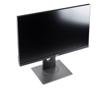 Belarus, Brest - 3 Haziran 2019: Black Dell P2418D monitör ekranı beyaz arkaplanda izole edildi.