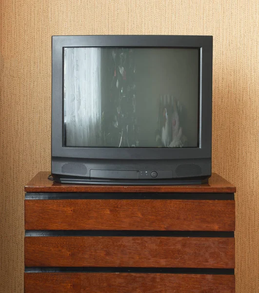 Vintage Fernseher Auf Antiken Schrank Aus Holz Altes Design Einem — Stockfoto