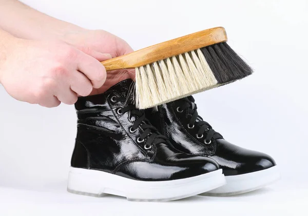 Men Hands Brush Leather Boot Dirt Dust White Background Care — Stock Photo, Image