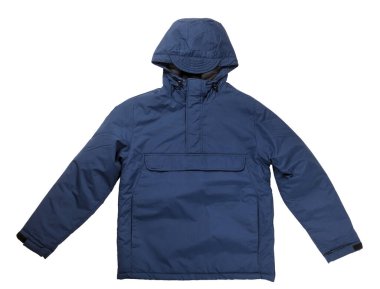 Beyaz arka planda izole edilmiş bir ceket. Beyaz arka planda izole edilmiş kapüşonlu mavi bir erkek ceketi. Rüzgarlık ceketi. Sıradan stil.