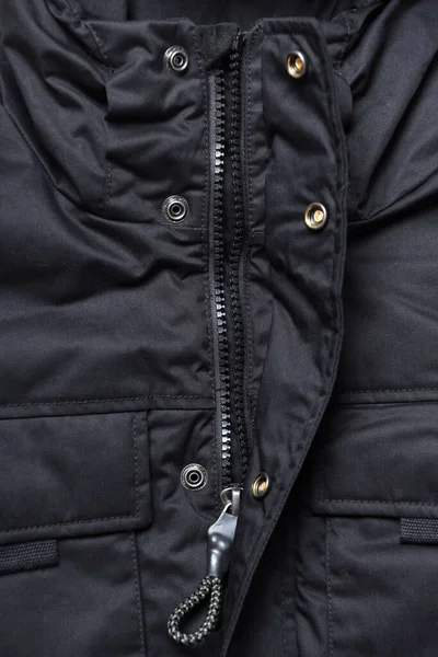 Closeup Zíper Preto Uma Jaqueta Preta Wintry Casaco Inverno Zipper — Fotografia de Stock