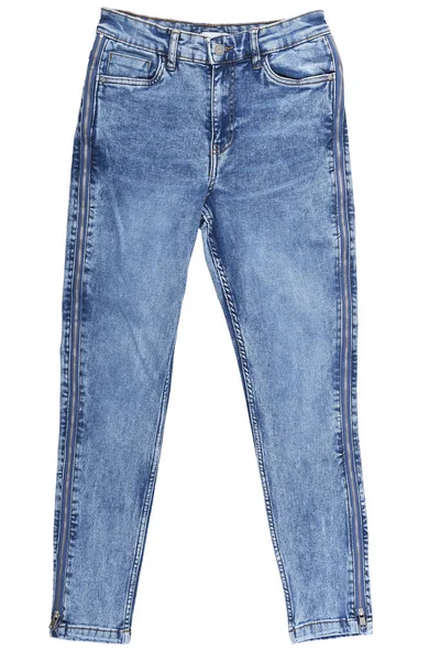 Blaue Jeans Mit Reißverschlüssen Den Seiten Auf Weißem Hintergrund Stapel — Stockfoto
