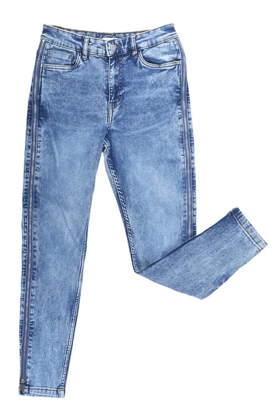 Blaue Jeans Mit Reißverschlüssen Den Seiten Auf Weißem Hintergrund Stapel — Stockfoto