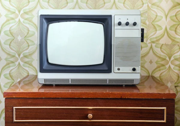 Antiguo Televisor Pedestal Sobre Fondo Del Papel Pintado Ruido Pantalla — Foto de Stock